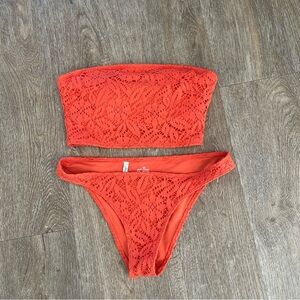 aerie Bright Coral Crochet Trim Cheeky Bikini Bottom